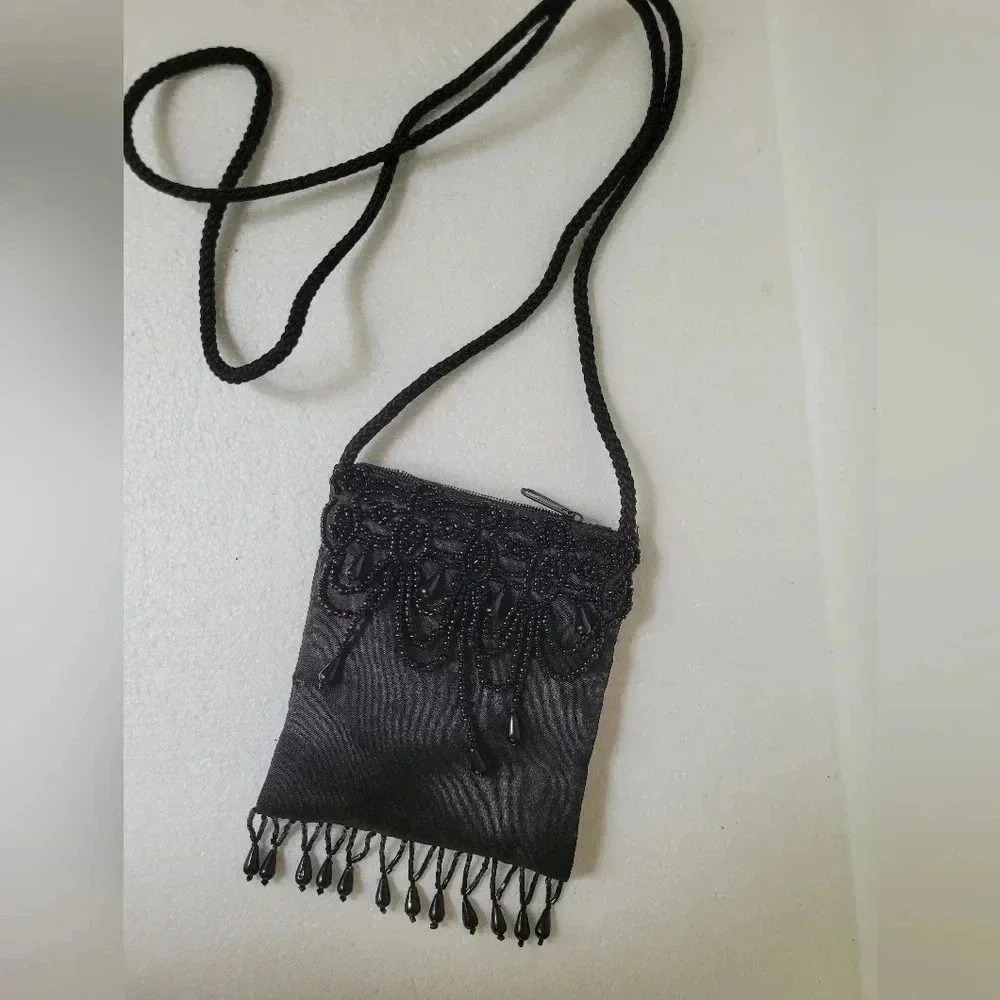 Vintage bejeweled small black crossbody satchel purse